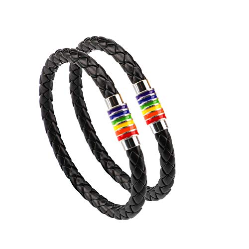 PHOGARY Brazalete De Orgullo Gay Pulsera De Arco Iris (2 Paquetes), Brazalete De Cuero Negro De Pareja Brazalete De LGBT De Mujer Para Hombre Con Arco Iris Magnético Acero Inoxidable Rayado 22cm