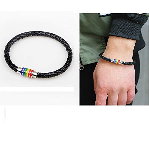 PHOGARY Brazalete De Orgullo Gay Pulsera De Arco Iris (2 Paquetes), Brazalete De Cuero Negro De Pareja Brazalete De LGBT De Mujer Para Hombre Con Arco Iris Magnético Acero Inoxidable Rayado 22cm