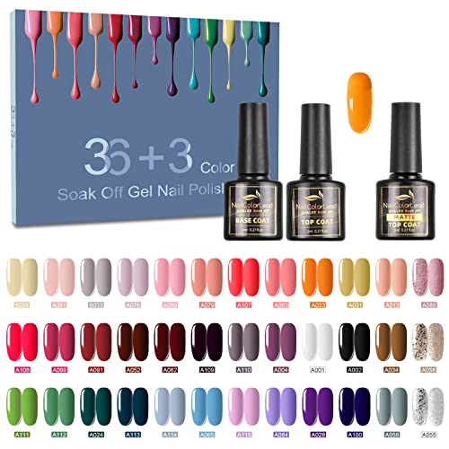 Pintauñas Semipermanentes - 39 Pzs 8ML Esmaltes Semipermanentes Gel UV LED con Base, Top Coat Brillante, y Mate, 36 Colores Populares Blanco, Verde, Neón, Desnudo, Kit de Esmaltes Uñas Semipermanentes