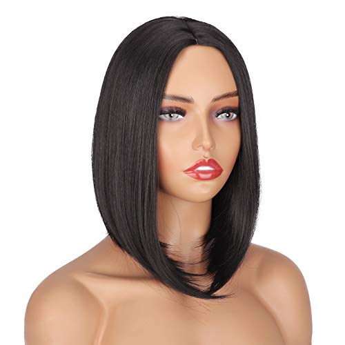 PORSMEER Peluca Corta Recta Negra Afro Bob para Mujer, Color Natural Brasileña Pelo Completo Sintéticas Hecho a Máquina Pelucas para Cosplay Disfraz o Diariamente (color: negro)