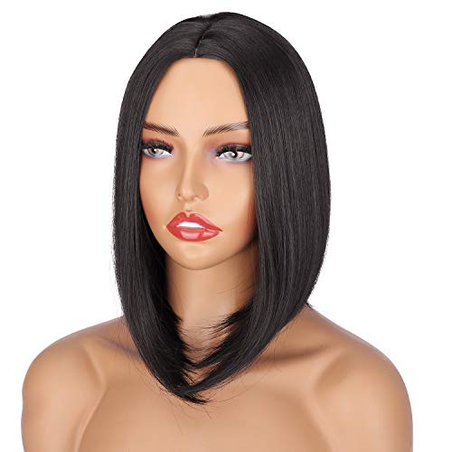 PORSMEER Peluca Corta Recta Negra Afro Bob para Mujer, Color Natural Brasileña Pelo Completo Sintéticas Hecho a Máquina Pelucas para Cosplay Disfraz o Diariamente (color: negro)