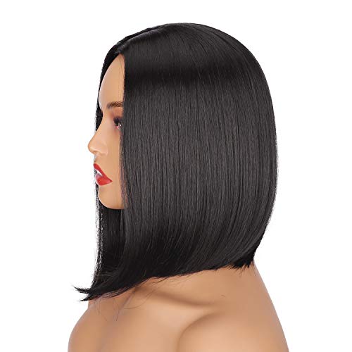 PORSMEER Peluca Corta Recta Negra Afro Bob para Mujer, Color Natural Brasileña Pelo Completo Sintéticas Hecho a Máquina Pelucas para Cosplay Disfraz o Diariamente (color: negro)