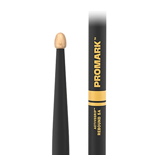 ProMark Baquetas Bateria - Forward Rebound 5A - ActiveGrip - Se vuelve más pegajoso a medida que las manos sudan - Acabado de agarre activo, Punta de Bellota, Madera de nogal americano - 1 par