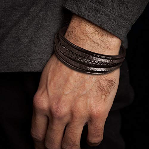 Pulsera Cuero Hombre Pulseras de Cuero Hombre Con Hebilla Magnética de Acero Inoxidable y Joyero de Pulsera Exclusivo para la Idea de Regalos para Hombres (marrón, 18.5)