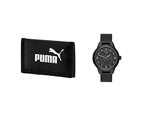 Puma Phase Wallet Cartera, Puma Black + PUMA Reloj para Hombre Reset de Color Negro con Tres Agujas y Fecha