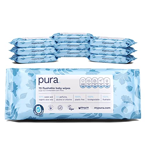 Pura Toallitas desechables para bebé (10 paquetes de 70 toallitas), 100% libre de plástico, biodegradables, 99% de agua orgánico Aloe Vera, vegano, apto para pieles sensibles, aprobadas por parteras