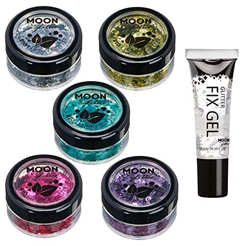 Purpurina Gruesa Biodegradable Eco de Moon Glitter - Purpurina 100% Cosmética Bio para Cara, Cuerpo, Uñas, Pelo y Labios – 3g Set de 5 – más Gel Fijador de Purpurina