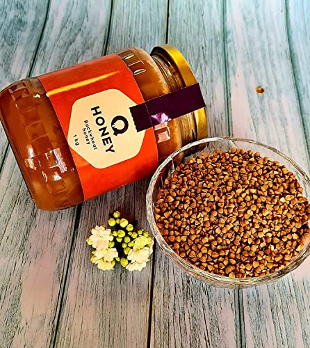 Q-Honey Miel de Trigo Sarraceno, 1 kg Miel de abeja pura, 100 % Natural, Sin Azúcar Sin Filtrar