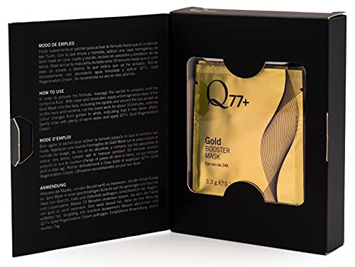 Q77+ GOLD BOOSTER MASK - MASCARILLA FACIAL REAFIRMANTE con Oro 24K - Mascarilla Facial con Sílice. Vitaminas A y B - Mascarilla Antiarrugas - Tratamiento Facial Antienvejecimiento - 10 sobres de 3.3gr