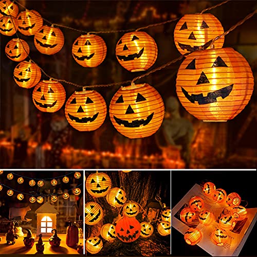 Qedertek Decoracion Halloween, 4M 20 LED Naranja Calabaza Guirnalda Luces Farolillos Exterior, 2 Modos Impermeable Lámpara de Jack-O'-Lantern Halloween de Niños para Interior y Exterior Fiesta Garden