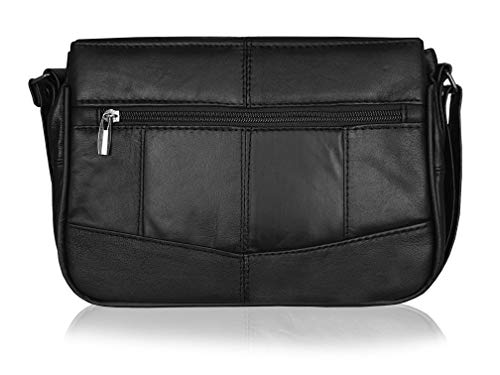 Quenchy London - Bolso Triple Sección de Cuero Real para Damas - Bolsa Cruzada con 8 Bolsillos - Una Sola Correa al Hombro Ajustable - Negro - Bandoleras de Diseñador - QL966 Negro