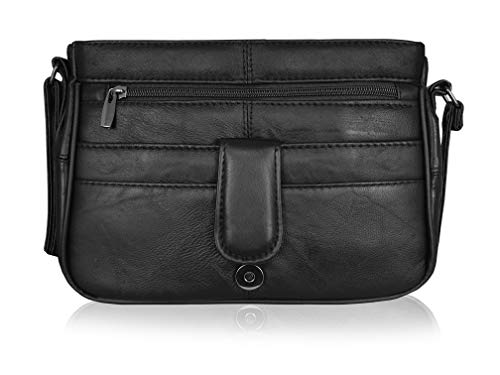 Quenchy London - Bolso Triple Sección de Cuero Real para Damas - Bolsa Cruzada con 8 Bolsillos - Una Sola Correa al Hombro Ajustable - Negro - Bandoleras de Diseñador - QL966 Negro