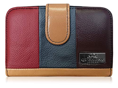 Quenchy London Monedero de Cuero Verdadero, Bloqueo RFID y NFC de 2 Secciones con Cremallera, 5 Bandejas de Moneda, Cartera Dama, 6 Ranuras para Tarjetas Débito y Crédito 14 cm x 10 x 3 - QL841