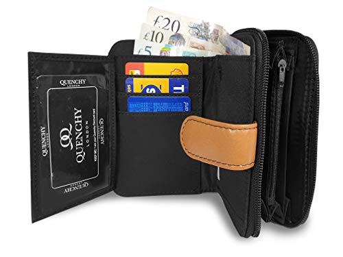 Quenchy London Monedero de Cuero Verdadero, Bloqueo RFID y NFC de 2 Secciones con Cremallera, 5 Bandejas de Moneda, Cartera Dama, 6 Ranuras para Tarjetas Débito y Crédito 14 cm x 10 x 3 - QL841