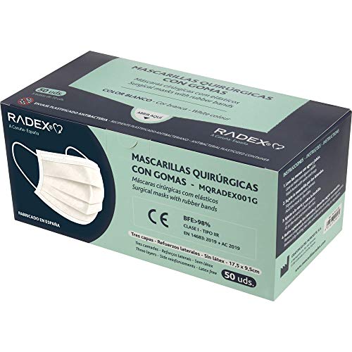 RADEX 85005070. Caja de 50 Mascarillas Quirúrgicas Tipo IIR con Gomas, Blanco, Fabricado en España, Tres Capas, Material Hipo Alergénicos, Resistente a Salpicaduras