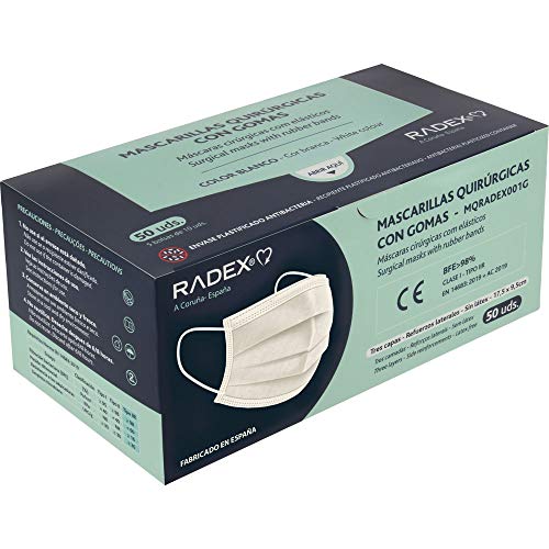 RADEX 85005070. Caja de 50 Mascarillas Quirúrgicas Tipo IIR con Gomas, Blanco, Fabricado en España, Tres Capas, Material Hipo Alergénicos, Resistente a Salpicaduras