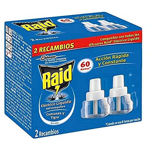 Raid Eléctrico Líquido Antimosquitos - 2 Recambios para 60 Noches compatibles con todos los Difusores Raid, Acción Rápida y Constante contra Mosquitos Comunes y Tigre