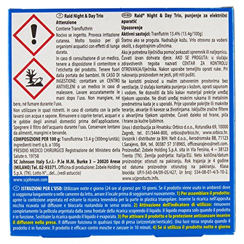 Raid Night & Day - Trío antimosquitos con arena comprimida, paquete de 2 recargas, sin perfume