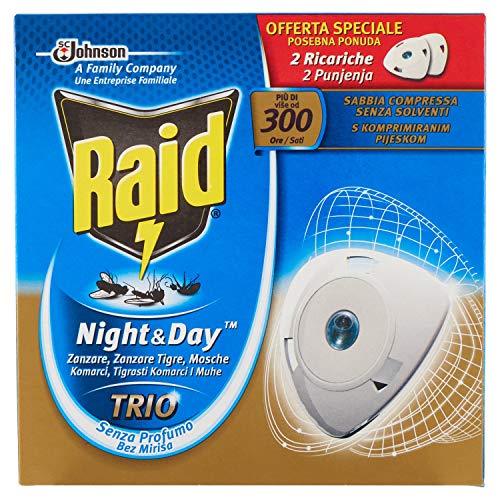 Raid Night & Day - Trío antimosquitos con arena comprimida, paquete de 2 recargas, sin perfume