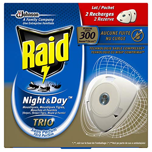 Raid recambios para difusor eléctrico de arena comprimido, antimosquitos, mosquitos tigres, hormigas y moscas), Night & Day Trio, insecticida, – Juego de 2