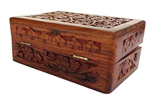 Rastogi Handicrafts Caja de madera tallada para joyería hecha a mano india, perfecta para pequeñas joyas,
