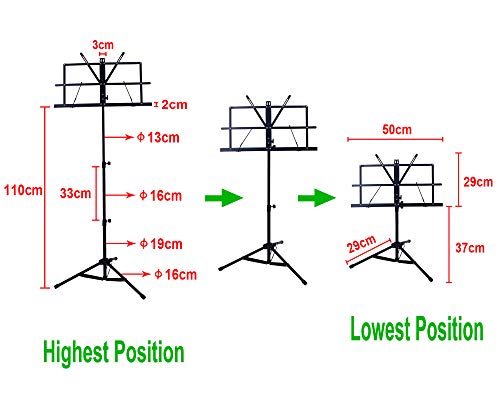 Rayzm Stand/Atril para partituras plegable y portátil con bolsa de transporte, altura ajustable, Peso máximo 1.5Kg, Ligero y Compacto para Viajes o Desplazamientos
