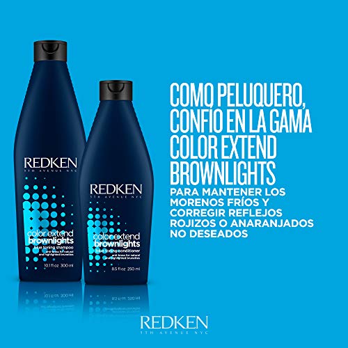 REDKEN Acondicionador Color Extend Brownlights para neutralizar reflejos rojizos y anaranjados indeseados en cabello moreno natural o coloreado dejando un castaño natural y frío, 250 ml