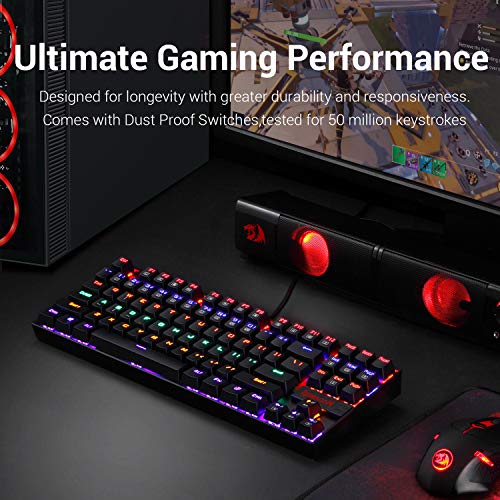 Redragon Mechanical Gaming Keyboard, RGB LED Rainbow Backlit, Teclado con Cable con Interruptores Cherry MX Red Equivalente para PC con Windows Gaming (87 Teclas, Negro)