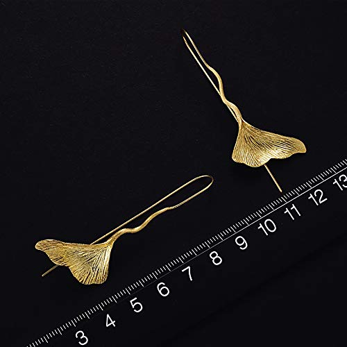 ♥ Regalo para ti♥ Springlight S925 Pendientes colgantes de plata esterlina Pendientes colgantes de hoja de ginkgo vintage para mujeres y niñas(Gold)