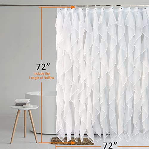 Reisen Cortina de ducha de tela con volantes, color blanco, para casa de campo, 182,88 cm de largo