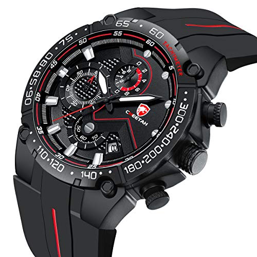 Reloj de Pulsera para Hombre, Resistente al Agua, cronógrafo, Correa de Silicona, Fecha, Luminoso, Cuarzo (Negro Rojo)