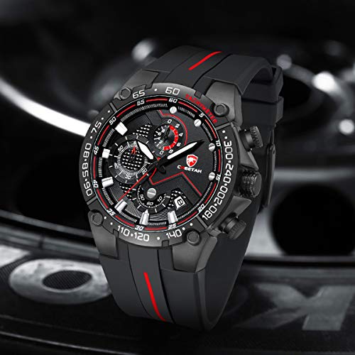 Reloj de Pulsera para Hombre, Resistente al Agua, cronógrafo, Correa de Silicona, Fecha, Luminoso, Cuarzo (Negro Rojo)