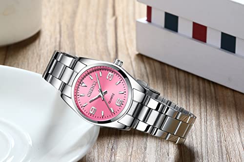 Reloj de Pulsera para Mujer,Reloj Analogico para Mujer de Cuarzo con Correa en Acero Inoxidable Regalo en Fechas Especiales,Reloj Analógico para Mujer de Cuarzo con Correa en Acero Inoxidable-Rosa