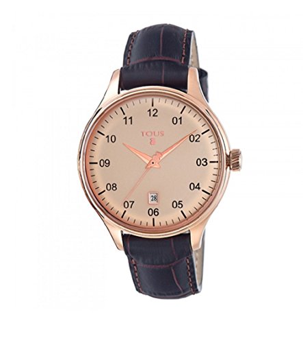 Reloj Tous 1920 de acero IP rosado con correa de piel marrón