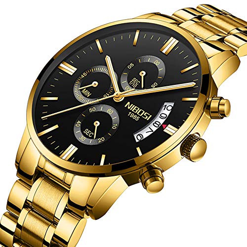 Relojes Hombre Dorado Cronógrafo Reloj de Pulsera Oro Calendario con Correa de Acero Inoxidable Elegante, Negro