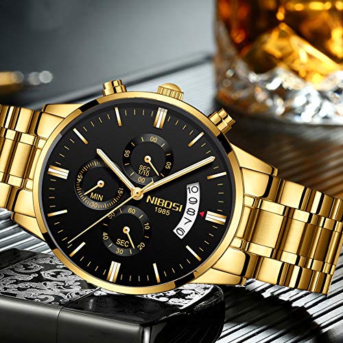 Relojes Hombre Dorado Cronógrafo Reloj de Pulsera Oro Calendario con Correa de Acero Inoxidable Elegante, Negro