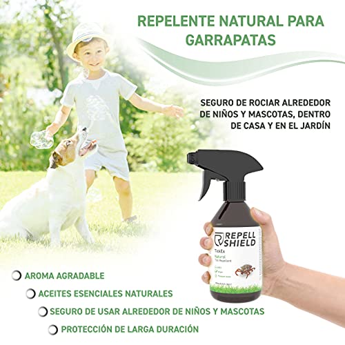 RepellShield Spray Repelente de Garrapatas - Antimosquitos Spray Natural - Repelente Pulgas Humanos, Garrapatas y Más Insectos - Repelente Mosquitos Spray y Garrapatas con Aceites Esenciales, 250 ml