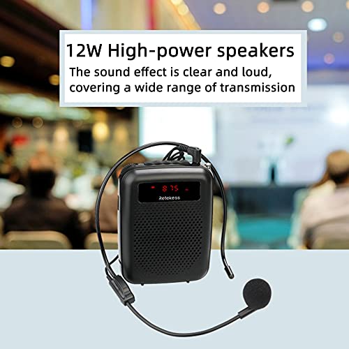 Retekess PR16R Amplificador de Voz Portátil (12W) con Micrófono, FM Radio, MP3 Reproductor, Grabación, Micrófono con Cable para Profesores, Aula, Guias Turisticos, Reuniones, Promotores (Negro)