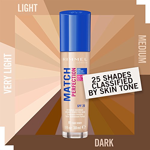 Rimmel London Match Perfection - Base líquida de larga duración, fórmula hidratante con tecnología Smart-tone y fórmula SPF 20, 81 Fair Ivory, 30 ml