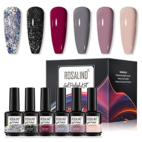 ROSALIND Esmaltes Semipermanentes para Uñas , Esmalte Pintauñas de Uñas en Gel UV Kit 6 Colores 15ML Fucsia y Rosa Gris Otoño e Invierno Esmaltes en Gel Manicura Soak off UV LED