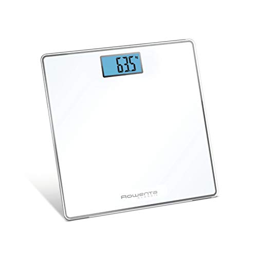 Rowenta Classic BS1501 - Báscula de baño con Pantalla LCD, Compacta, Capacidad de 160 kg, Plataforma de Vidrio y Apagado Automático que Incluye Pilas, color blanca