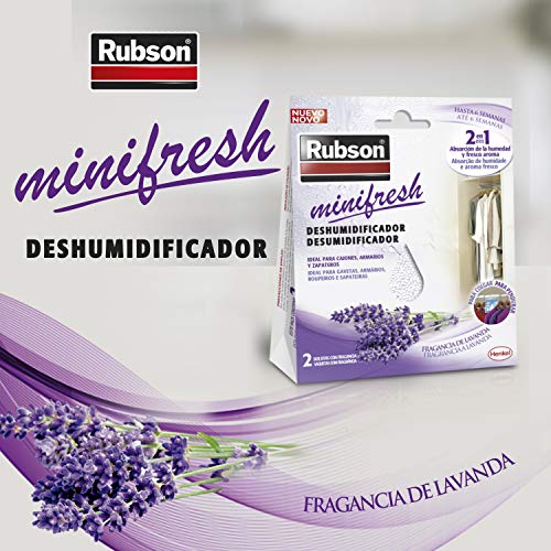 Rubson Minifresh, deshumidificador y ambientador de lavanda, bolsas deshumidificadoras en formato percha, absorbe olores 2 en 1 para hogar y oficina, 2 x 50 g, bolsita