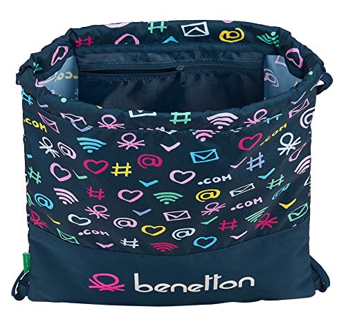 Safta 612151196 Saco mochila plano cuerdas UCB Benetton, azul marino/multicolor, 35cm x 40cm