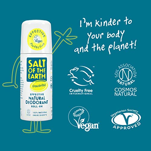 Salt of the Earth - Desodorante natural con roll-on, sin perfume, sin fragancia, vegano, protección de larga duración, aprobado por Leaping Bunny, 75 ml