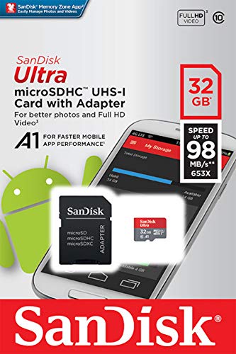 SanDisk Ultra Tarjeta de memoria microSDHC con adaptador SD, hasta 98 MB/s, rendimiento de apps A1, Clase 10, U1, 32 GB