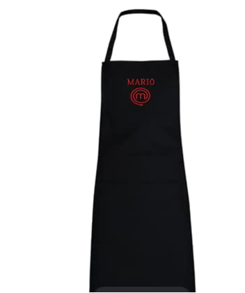 SAQUITOMAGICO Delantal Oficial Masterchef Personalizado con tu Nombre Bordado.Producto con Licencia Oficial (negro personalizado)