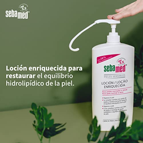 Sebamed Loción Enriquecida Hidratante 1 L, su complejo nutritivo con Aceite de Almendra Dulce y Manteca de Karité restaura el equilibrio hidrolipídico de la piel, Para pieles normales o secas