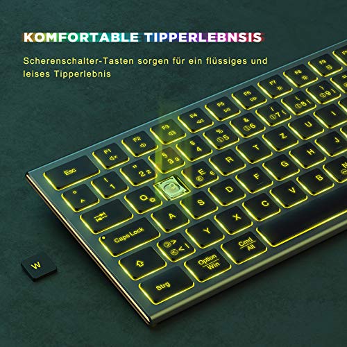 seenda Teclado Bluetooth iluminado con 7 colores de iluminación, multidispositivo recargable, ultrafino, QWERTZ con 4 canales Bluetooth para Mac/iPad/iPhone/Android/Windows, gris espacial