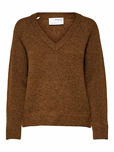 SELECTED FEMME Jersey femenino con cuello en V, mezcla de lana, marrón, XXL