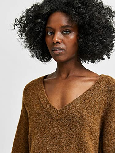 SELECTED FEMME Jersey femenino con cuello en V, mezcla de lana, marrón, XXL